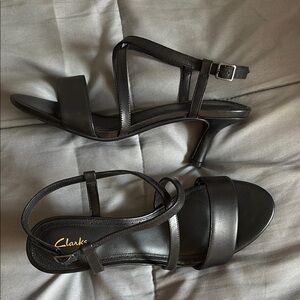 Clarks Black Heeled Sandals with Strappy Design